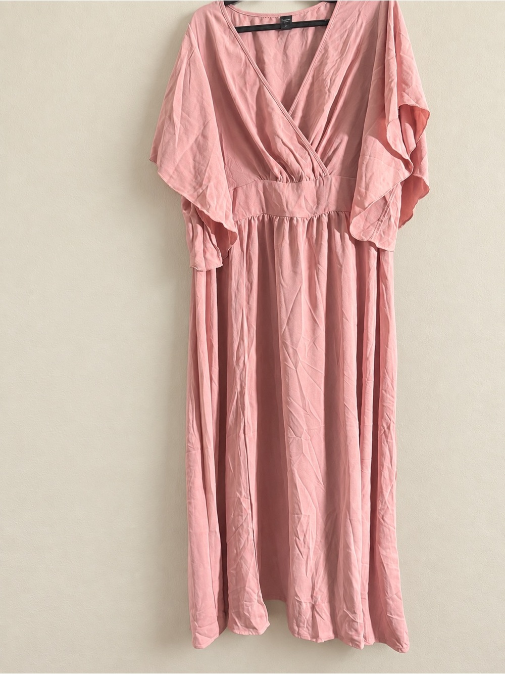 Blush Pink Maxi Dress – Flowy V-Neck, Ruffle Sleeves, Elastic Waist – Long Dress